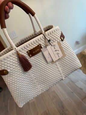 Woven Cream Shoulder Tote with Brown Trim and Tassel